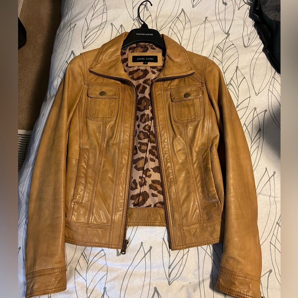 Black rivet cognac leather jacket